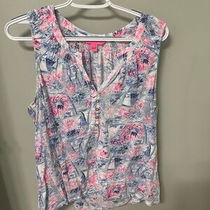 Lilly Pulitzer Pink & Blue Floral Palm Henley Tank